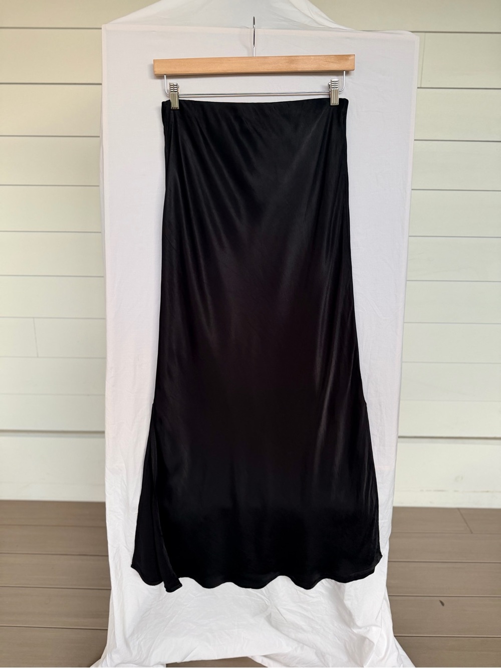 Anthropologie Black Satin Bias Midi Slip Skirt Side Slit Quiet Luxury M